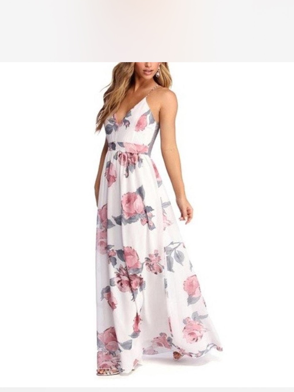 Dainty Hooligan White Maxi Dress with Pink Floral Print